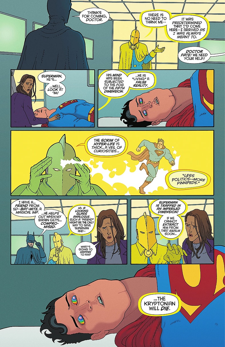 Doctor Fate cuts through the veil to see the Fifth Dimensional source of Superman's troubles in Superman: The Kryptonite Spectrum Vol. 1 #4 (2025), DC. Words by W. Maxwell Prince, art by Martín Morazzo, Chris O'Halloran, and Good Old Neon.