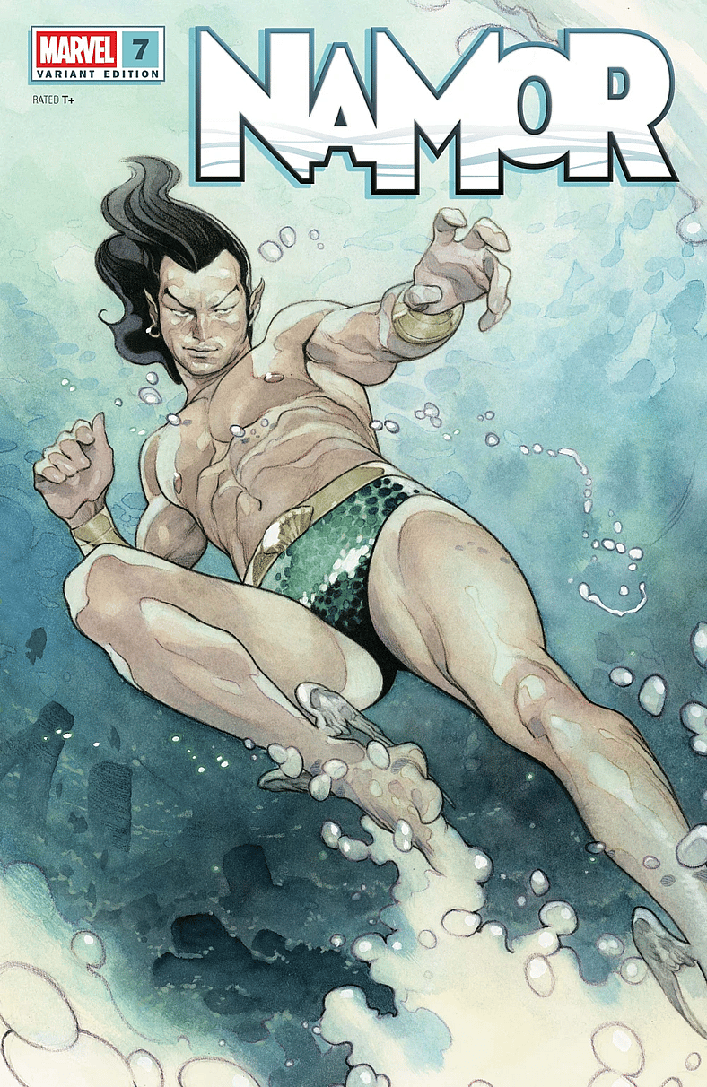 The Sub-Mariner speeds through the ocean waters on Olivier Copiel's variant cover to Namor Vol. 2 #7 "Last King Of Atlantis, Chapter Seven: The Battle of the Eighth" (2025), Marvel Comics