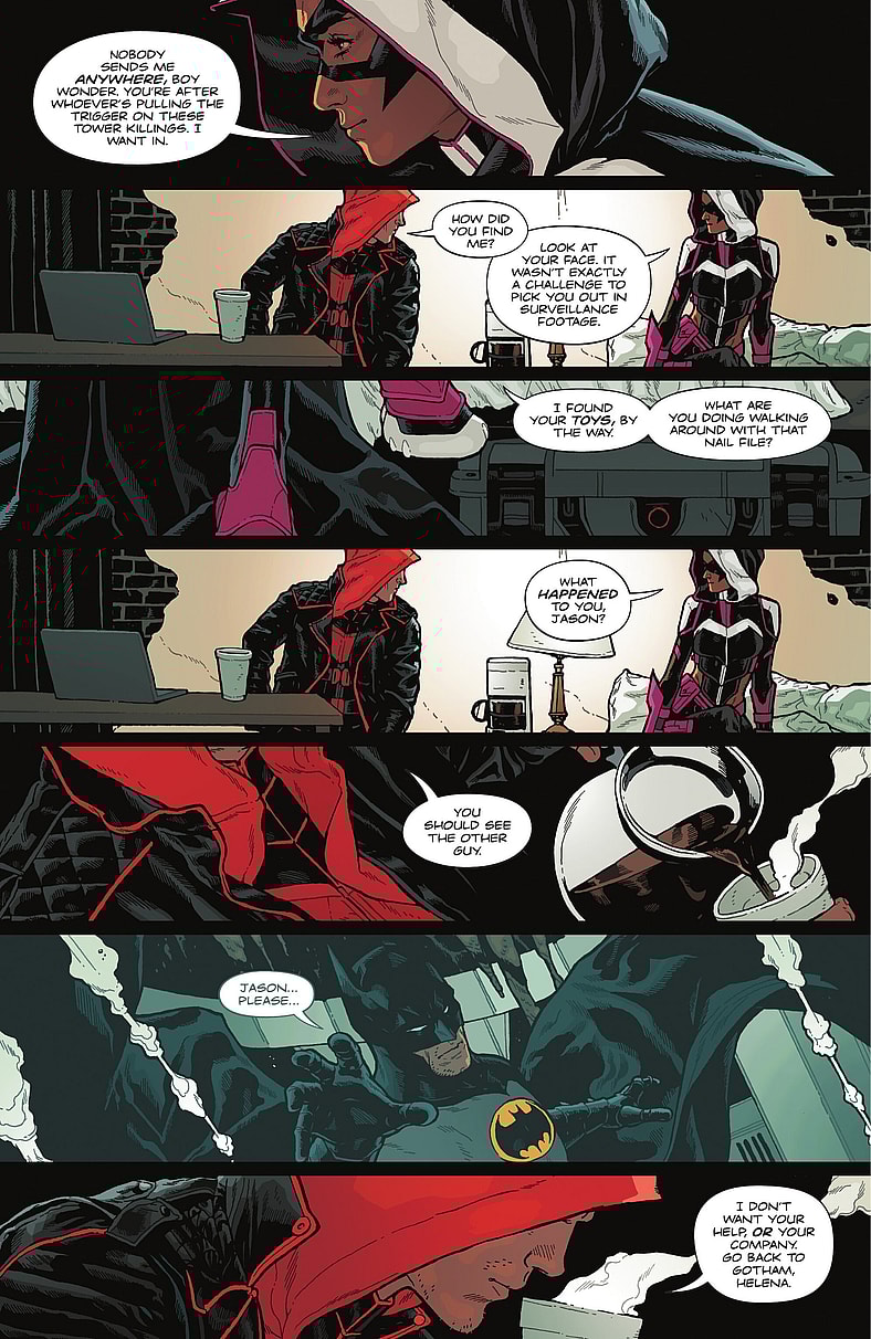 Jason Todd wants nothing more than for The Huntress to leave him alone in Red Hood Vol. 2 #1 (2025), DC. Words by Gretchen Felker-Martin, art by Jeff Spokes.