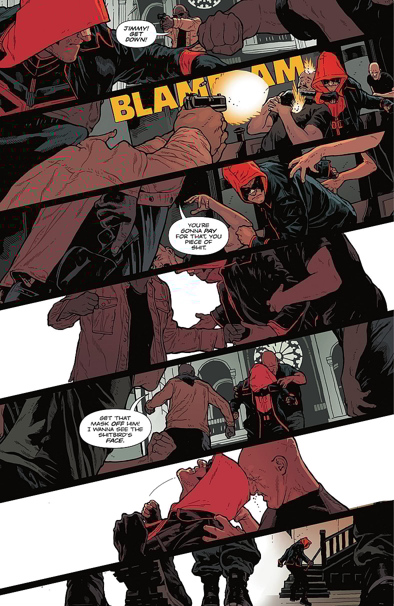 Jason Todd fights for his life against a surprise assault from The Tower in Red Hood Vol. 1 #1 (2025), DC. Words by Gretchen Felker-Martin, art by Jeff Spokes.