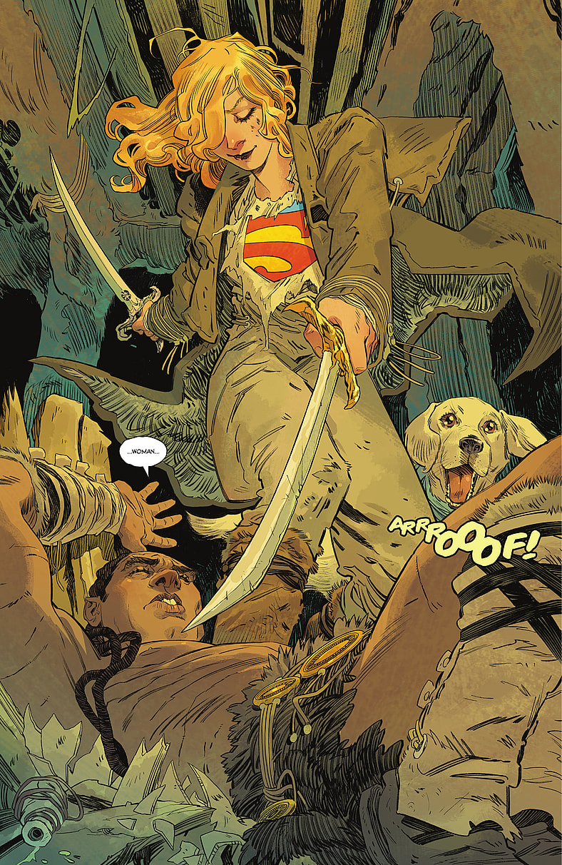 Kara Zor-El celebrates her 21st birthday with a bar brawl in Supergirl: Woman of Tomorrow Vol. 1 #1 "Chapter One: Men, Women, and Dogs" (2021), DC. Words by Tom King, art by Bilquis Evely, Mat Lopes, and Clayton Cowles.