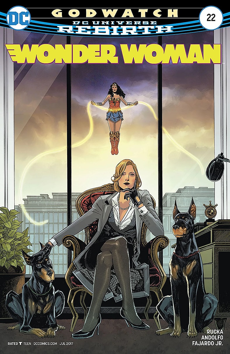 Wonder Woman flying with her lasso outside the window while Veronica Cale sits with Deimos and Phobos on Bilquis Evely and Romul Fajardo Jr.'s cover to Wonder Woman Vol. 5 Issue #22 "Godwatch, Part 4" (2016), DC Comics