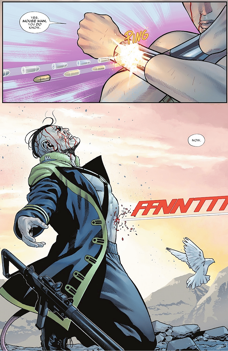 Diana fatally deflects the Mouse Man's last bullet back into himself in Wonder Woman Vol. 6 #27 "The Island of Mice and Men, Part Five" (2025), DC. Words by Tom King, art by Daniel Sampere, Tomeu Morey, and Clayton Cowles.