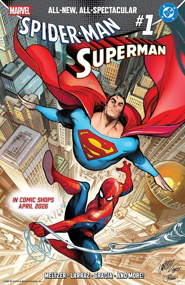 Superman gives Spider-Man a tour of Metropolis on Pepe Larraz's standard cover to Spider-Man/Superman Vol. 1 #1 (2026), Marvel Comics/DC
