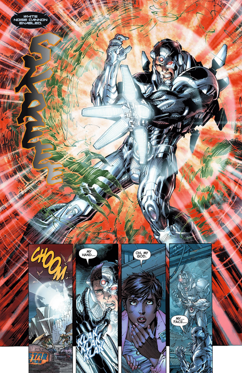 Cyborg begins to comprehend the totality of his transformation in Justice League Vol. 2 #4 (2012), DC. Words by Geoff Johns, art by Jim Lee, Scott Williams, Alex Sinclair, Gabe Eltaeb, and Pat Brosseau.