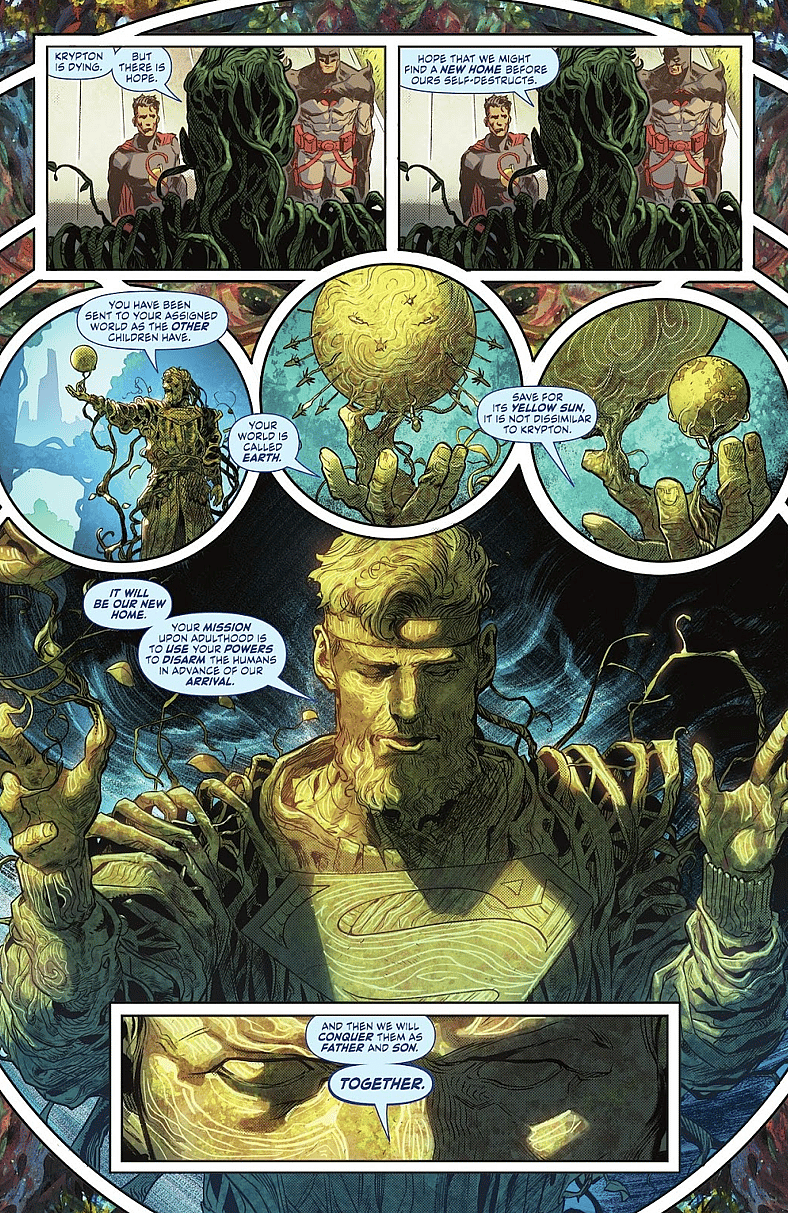 Kal-El uses the Green to transcribe his parents' message for Batman in Flashpoint Beyond Vol. 1 #3 "The Clockwork Killer, Part Three: The Secret of the Super-Man" (2022), DC. Words by Geoff Johns, Tim Sheridan, and Jeremy Adams, art by Xermanico, Mikel Janín, Romulo Fajardo Jr., Jordie Bellaire, and Rob Leigh.