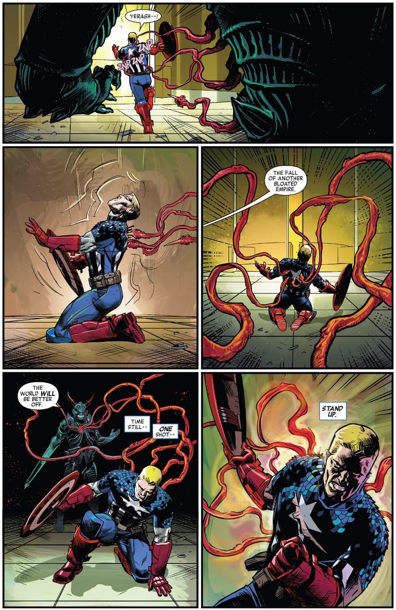 Steve Rogers is drained of the Super-Soldier Serum in Captain America Vol. 7 #21 "The Iron Nail: Part 5" (2014), Marvel Comics. Words by Rick Remender, art by Nic Klein, Dean White, and Joe Caramagna.