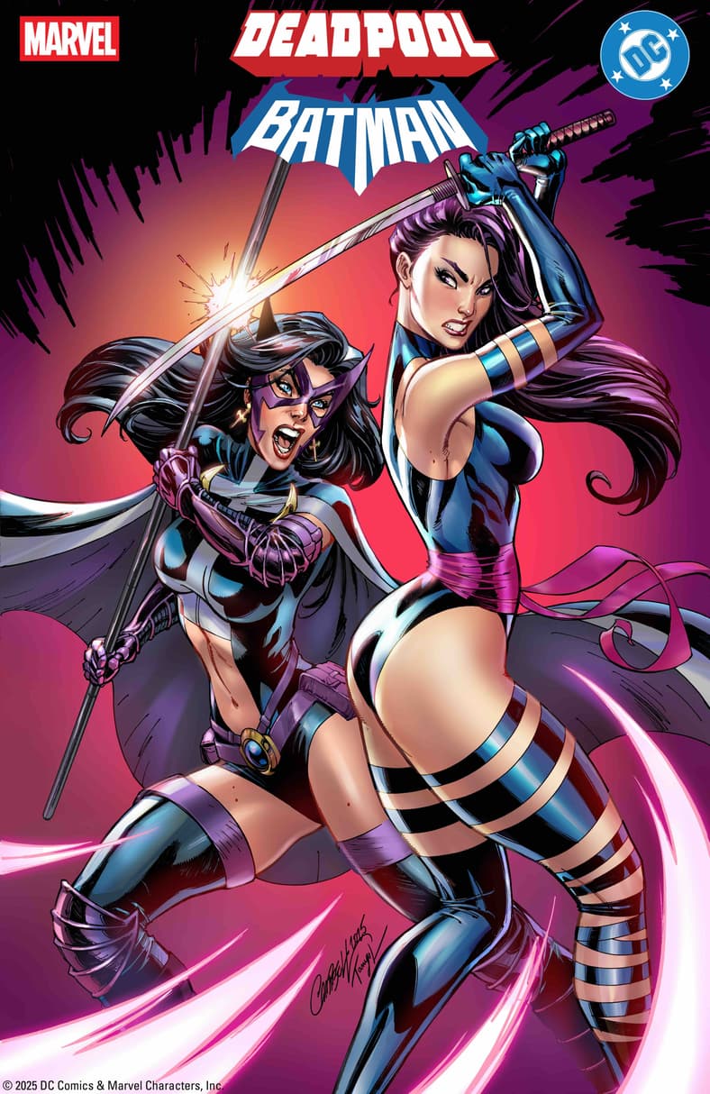 The Huntress and Psylocke come to blows on J. Scott Campbell's variant cover to Deadpool/Batman Vol. 1 #1 (2025), Marvel Comics/DC