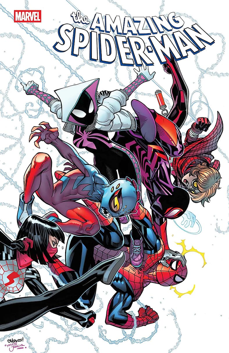 Araña, Miles Morales, Spider-Gwen, Spider-Boy, Silk attack Peter Parker in Amazing Spider-Man #12