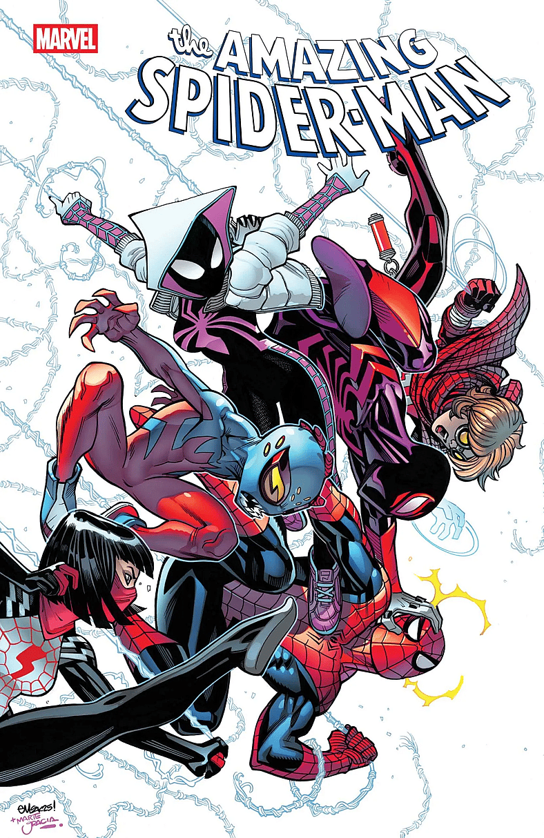 Araña, Miles Morales, Spider-Gwen, Spider-Boy, and Silk go for Peter Parker's throat on Ed McGuiness' variant cover to Amazing Spider-Man Vol. 8 #12 (2025), Marvel Comics