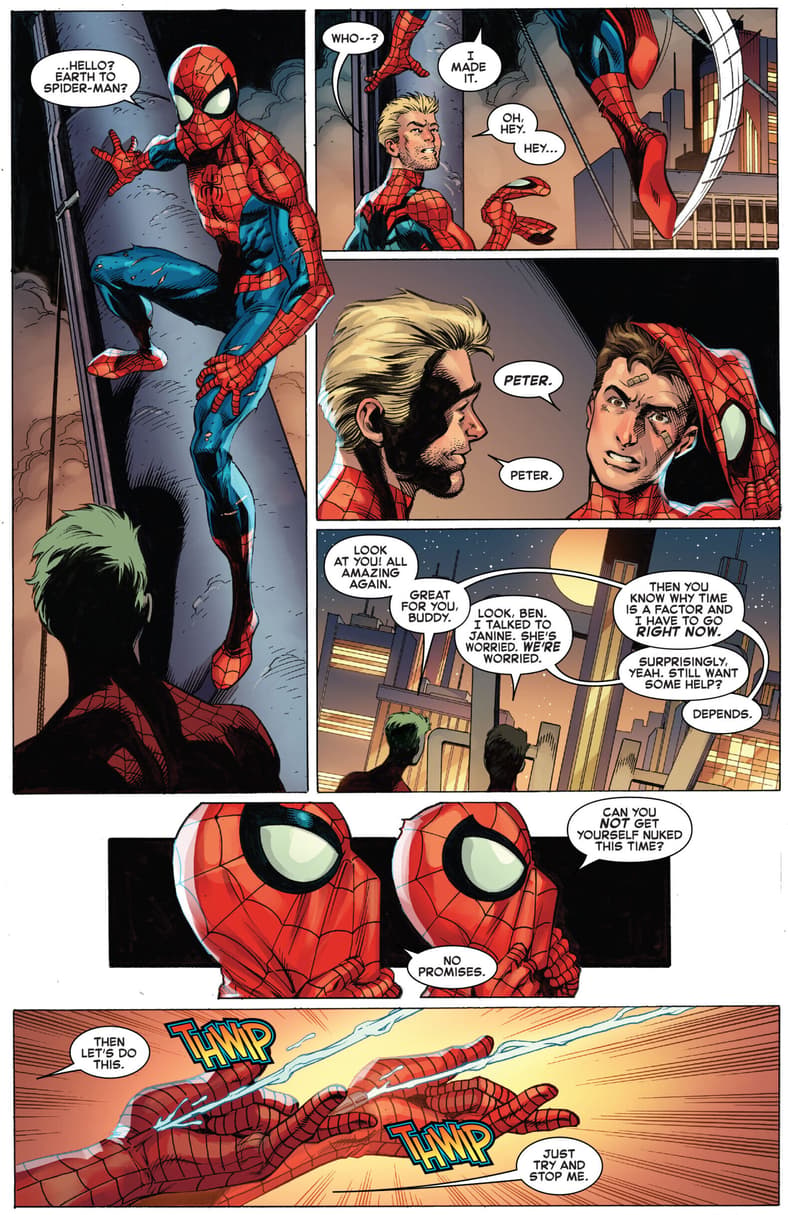 Peter Parker and Ben Reilly team-up one final team in Amazing Spider-Man Vol. 5 #90 (2022), Marvel Comics. Words by Patrick Gleason, art by Mark Bagley, Andrew Hennessy, John Dell, and Joe Caramagna.