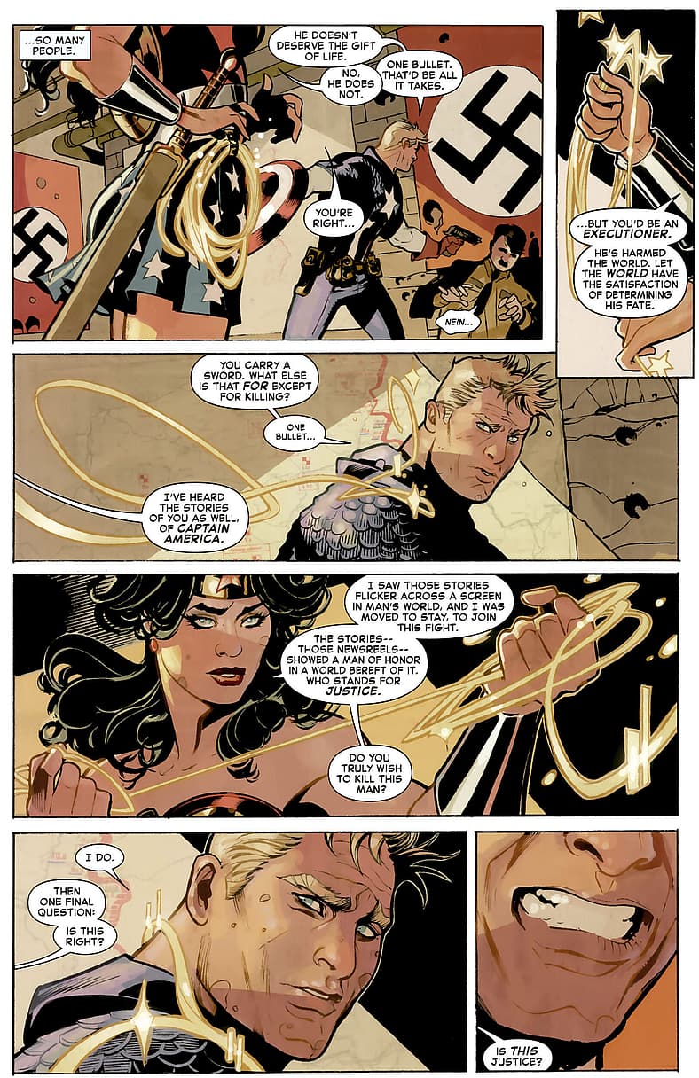 Wonder Woman uses Lasso of Truth to remind Captain America of his commitment to justice in