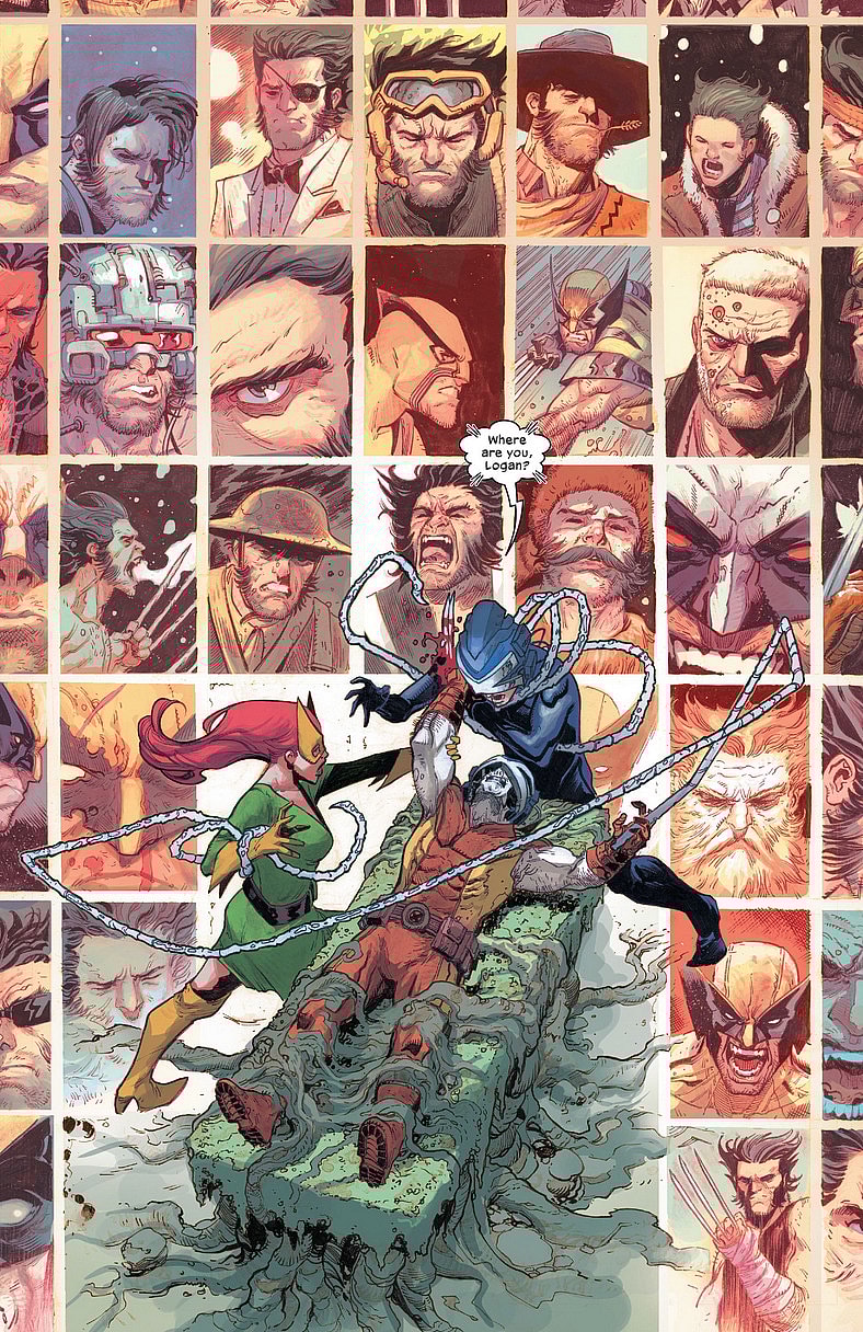 Logan falls through his many different lives in X Lives of Wolverine Vol. 1 #5 "The Living End" (2022), Marvel Comics. Words by Benjamin Percy, art by Joshua Cassara and Frank Martin Jr.