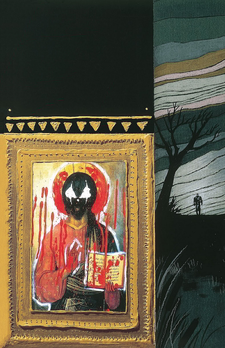 The Grendel takes on a more religious form on Matt Wagner and Rob Walton's cover to Grendel Tales: Devil's Hammer Vol. 1 #1 "Imitation of Life Part 1: Black Blood" (1994), Dark Horse Comics