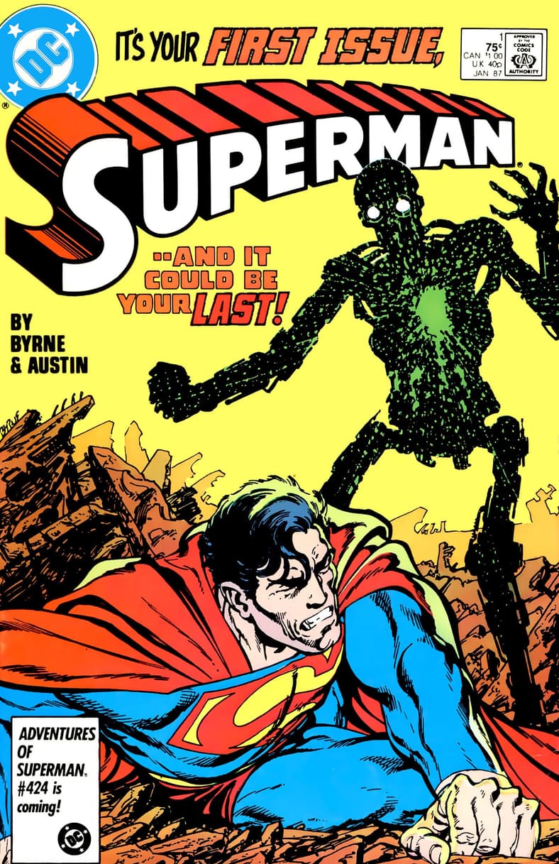 Superman appears to have met his match in Superman Vol.2 #1 "Heart of Stone" (1987), DC Comics. Words by John Byrne. Art by John Byrne, Terry Austin, and Tom Ziuko.