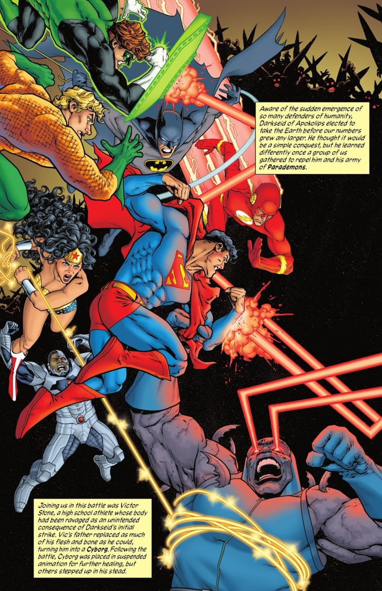 Barry Allen recalls the Justice League's first battle in New History of the DC Universe Vol. 1 #2 (2025), DC. Words by Mark Waid, art by Brad Walker, Michael Allred, Patricia Mulvihill, Laura Allred, and Todd Klein.