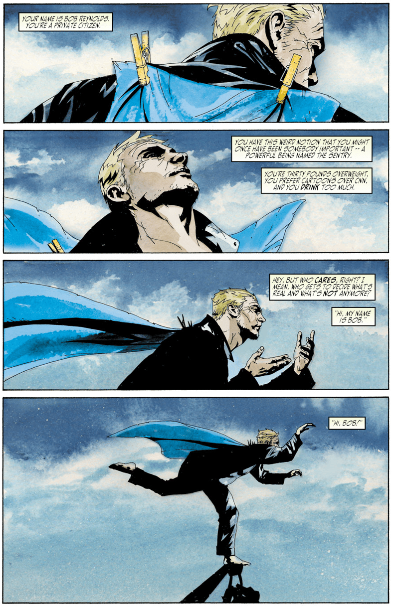 Bob tries to get back into the swing of things in Sentry Vol. 1 #2 "Act 2: The Unicorn" (2000), Marvel Comics. Words by Paul Jenkins, art by Jae Lee, José Villarrubia, Richard Starkings, and Wes Abbott.
