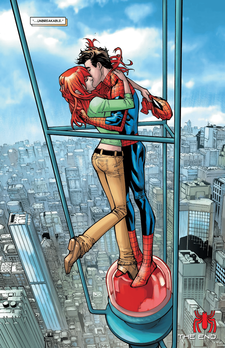 Peter and MJ finally reunite (before Zeb Wells breaks them up) in Amazing Spider-Man Vol. 5 #74 "What Cost Victory?" (2021), Marvel Comics. Words by Nick Spencer and Christos N. Gage, art by Marcelo Ferreira, Mark Bagley, Ze Carlos, Dio Neves, Carlos Gomez, Ivan Fiorelli, Humberto Ramos, Andrew Crossley, Edgar Delgado, Alex Sinclair, and Joe Caramagna.