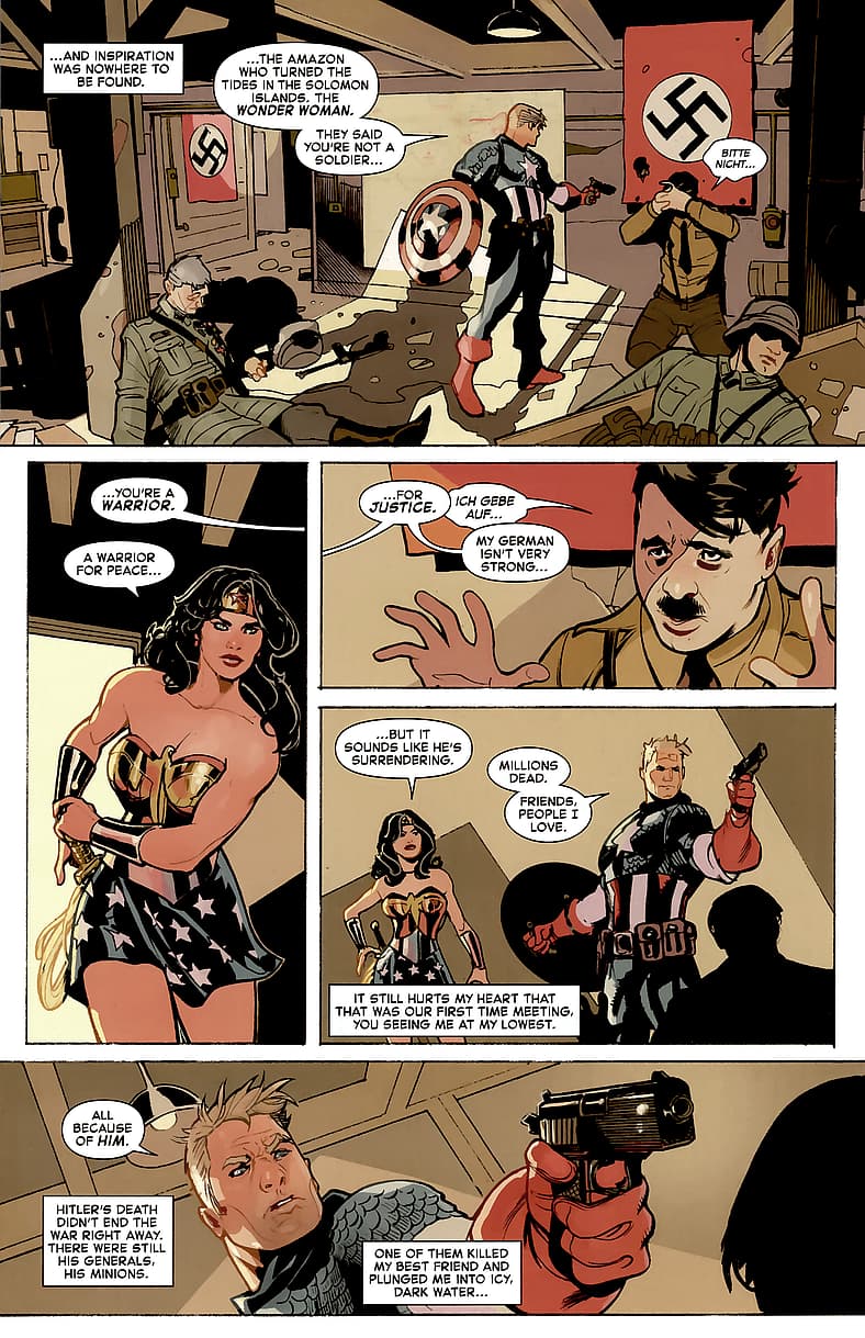 Wonder Woman attempts to talk Captain America down from shooting Hitler in Deadpool/Batman Vol. 1