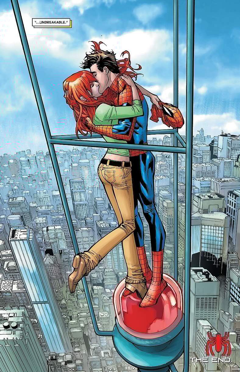 Peter and MJ finally reunite (before Zeb Wells breaks them up) in Amazing Spider-Man Vol. 5 #74 "What Cost Victory?" (2021), Marvel Comics. Words by Nick Spencer and Christos N. Gage, art by Marcelo Ferreira, Mark Bagley, Ze Carlos, Dio Neves, Carlos Gomez, Ivan Fiorelli, Humberto Ramos, Andrew Crossley, Edgar Delgado, Alex Sinclair, and Joe Caramagna.