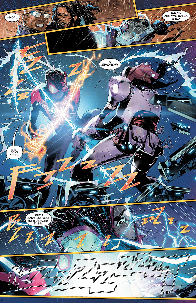 Miles Morales inexplicably gets a new power in Spider-Man: Miles Morales Vol. 2 #5 "Trial by Spider - Part Five" (2023), Marvel Comics. Words by Cody Ziglar, art by Federico Vicentini, Bryan Valenza, and Cory Petit.