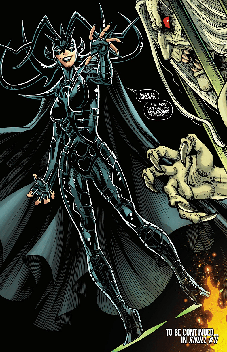 Hela reveals herself to Knull as the Queen in Black in Venom Vol. 6 #250 (2025), Marvel Comics. Words by Al Ewing, art by Terry Dodson, Todd Nauck, Frank D'armata, and Clayton Cowles.