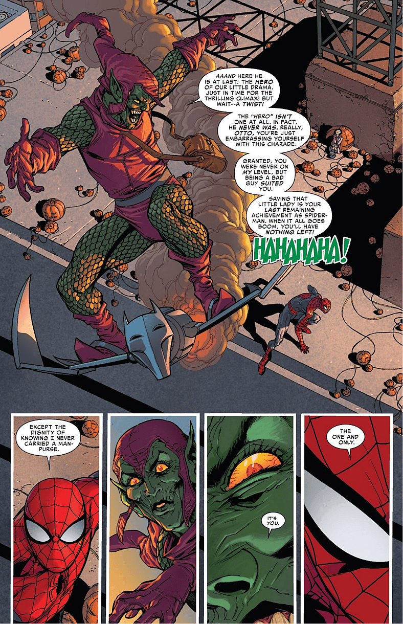 Peter Parker shocks the Green Goblin with his return in Superior Spider-Man Vol. 1 #31 "Goblin Nation (Part 5)" (2014), Marvel Comics. Words by Dan Slott and Christos N. Gage, art by Giuseppe Camuncoli, John Dell, Terry Pallot, Antonio Fabela, and Chris Eliopoulos.
