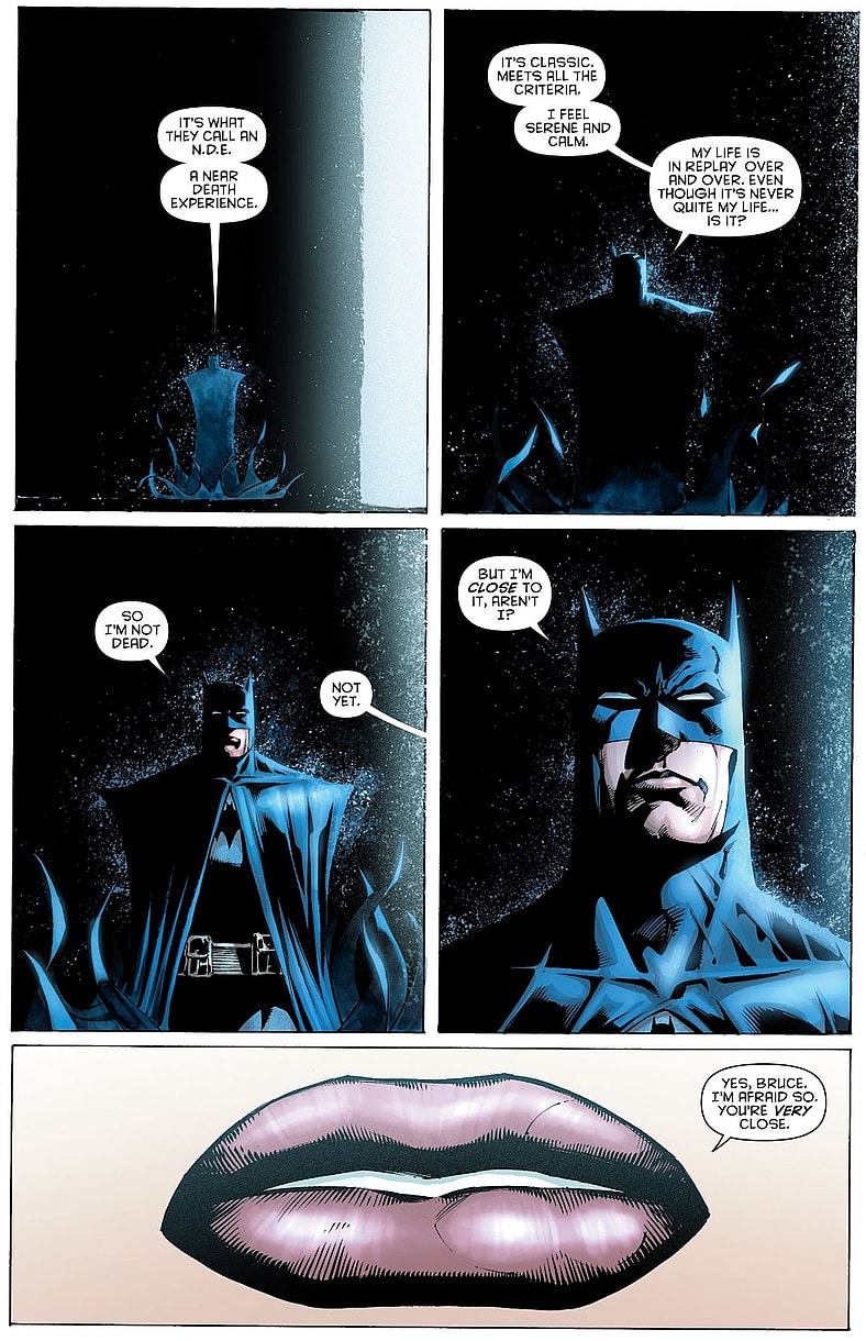 Batman finds himself on the precipice of death in Detective Comics Vol. 1 #853 "Whatever Happened to the Caped Crusader? Part 2" (2009), DC. Words by Neil Gaiman, art by Andy Kubert, Scott Williams, Alex Sinclair, and Jared K. Fletcher.