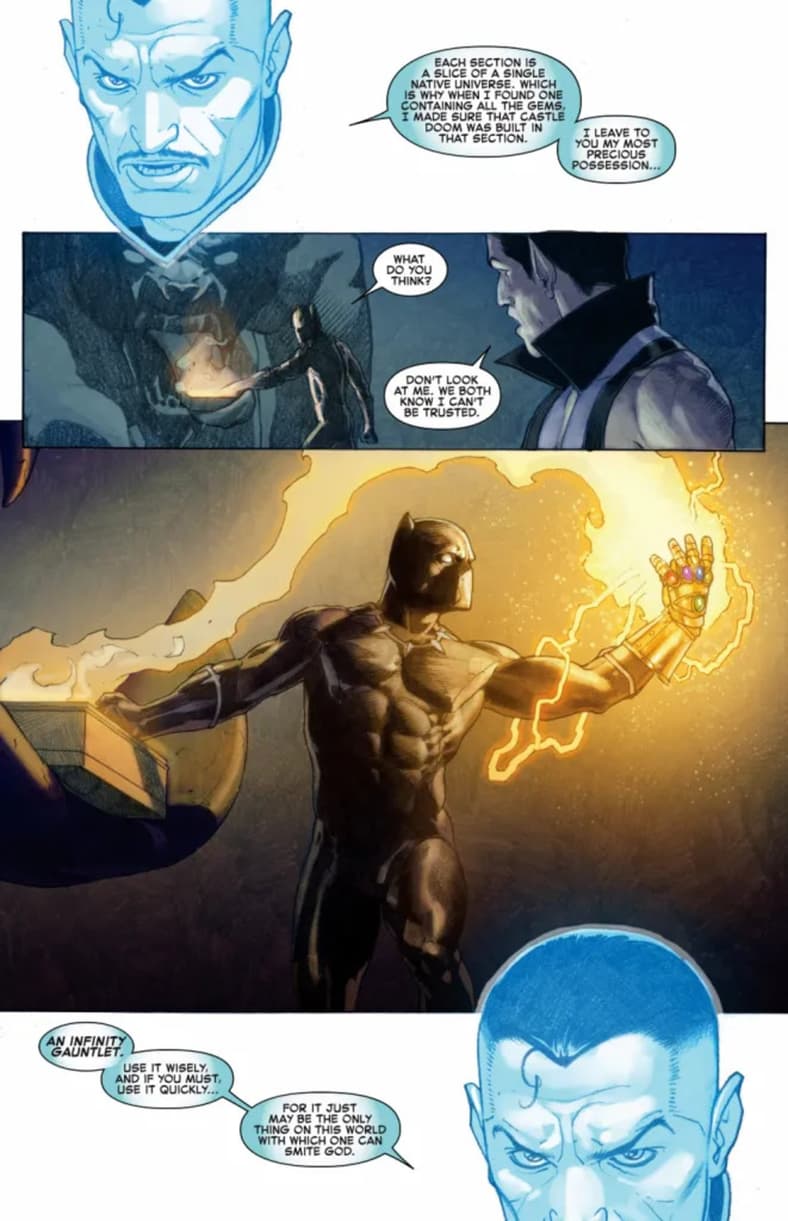 Black Panther and Namor guided by Doctor Strange's spirit to find the Infinity Gauntlet on the Isle of Agamotto in Secret Wars Vol.1 Issue #6 "We Raise Them Up... Just So We Can Pull Them Down" (2015), Marvel Comics. Words by Jonathan Hickman, art by Esad Ribić.
