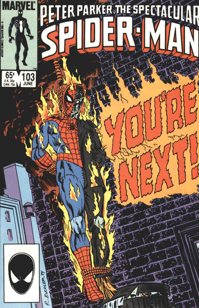 An effigy of Spider-Man is lit ablaze on Rich Buckler's cover to Peter Parker, The Spectacular Spider-Man Vol 1 #103 "Compulsion!" (1985), Marvel Comics