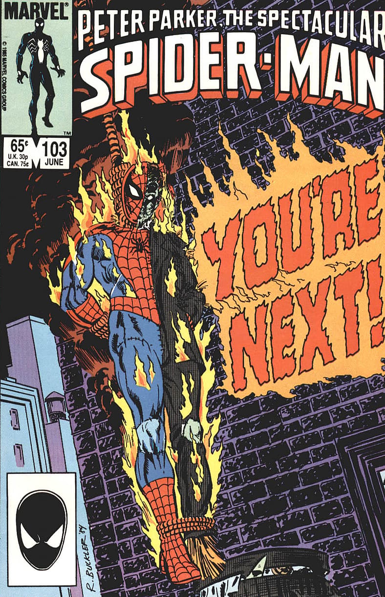 Spider-Man effigy ablaze on Rich Buckler's cover to Peter Parker, The Spectacular Spider-Man #103