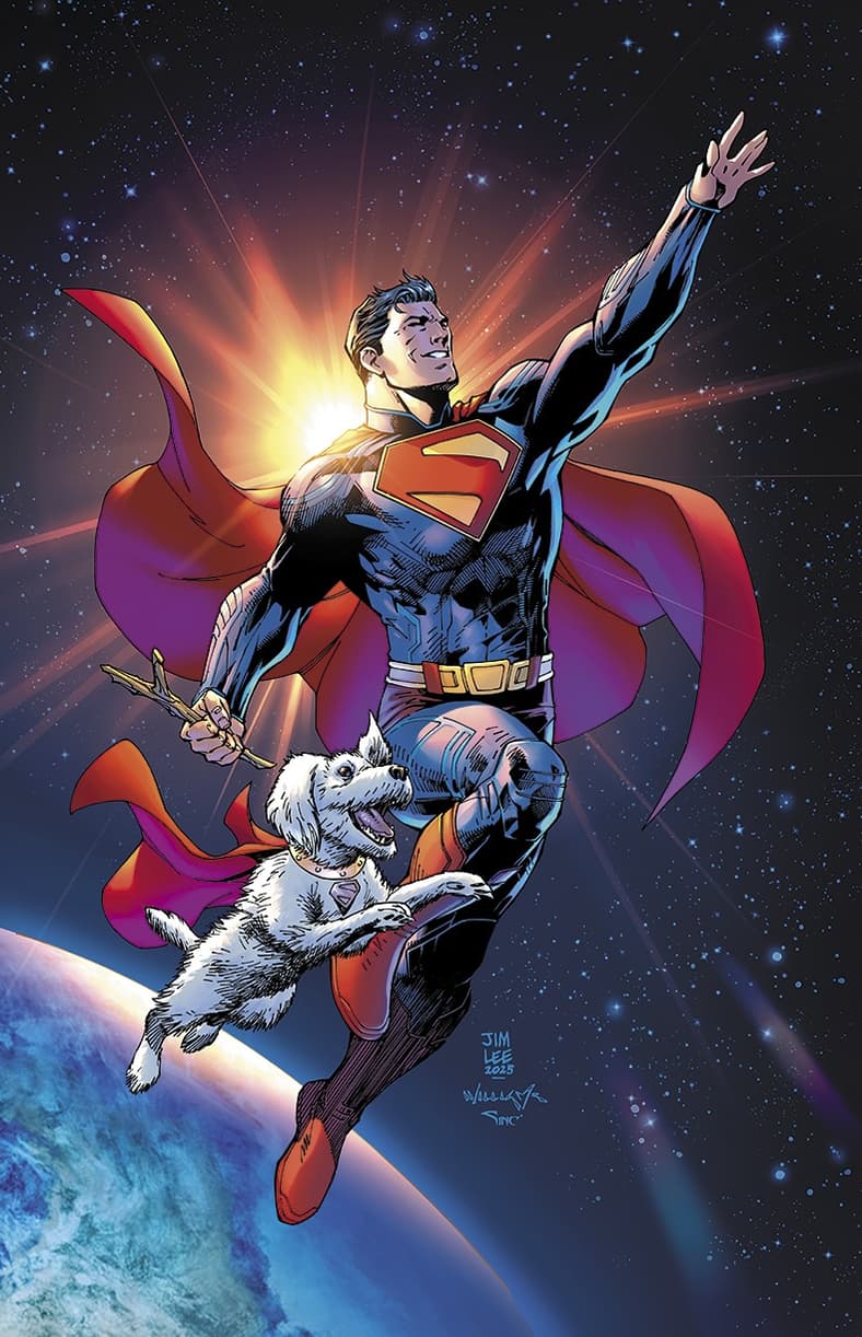 The Man of Steel plays around of fetch with Krypto on Jim Lee, Scott Williams, and Alex Sinclair's variant cover to Superman Unlimited Vol. 1 #1 "In the Blink of an Eye" (2025), DC