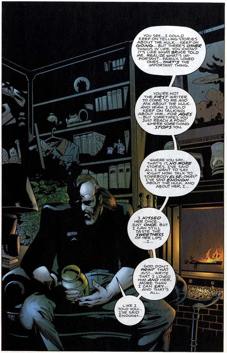 Rick Jones reflects on his life in Incredible Hulk Vol. 1 #467 "The Lone and Level Sands" (1998), Marvel Comics. Words by Peter David, art by Adam Kubert, Steve Buccellato, and John Workman.