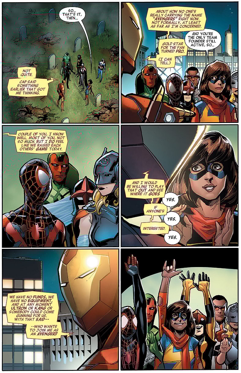Tony Stark inducts Sam Wilson, Vision, Jane Foster, Miles Morales, Kamala Khan, and Sam Alexander into the titular team in All-New, All-Different Avengers Vol. 1 #3 (2016), Marvel Comics. Words by Mark Waid, art by Adam Kubert, Sonia Oback, and Cory Petit.
