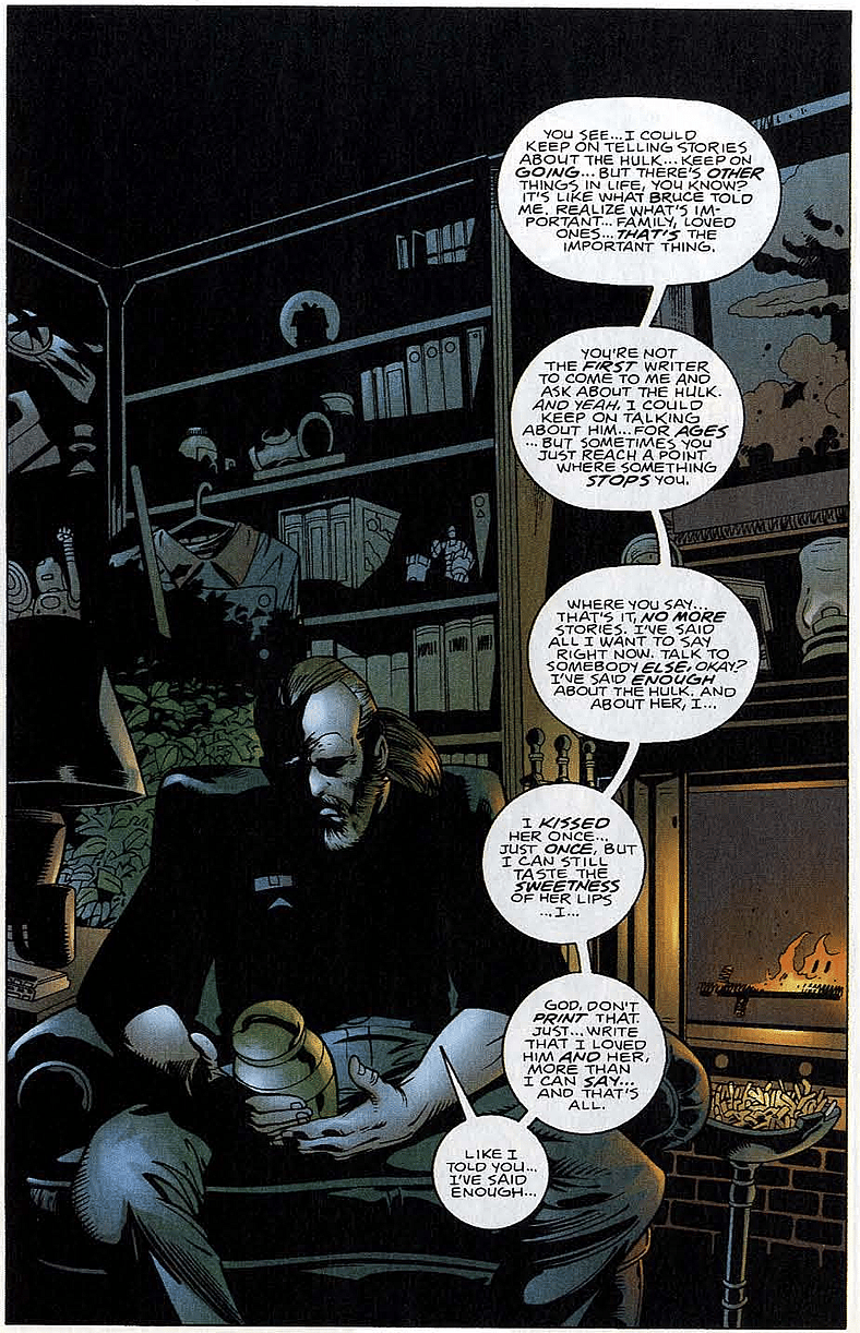 Rick Jones reflects on his life in Incredible Hulk Vol. 1 #467 "The Lone and Level Sands" (1998), Marvel Comics. Words by Peter David, art by Adam Kubert, Steve Buccellato, and John Workman.