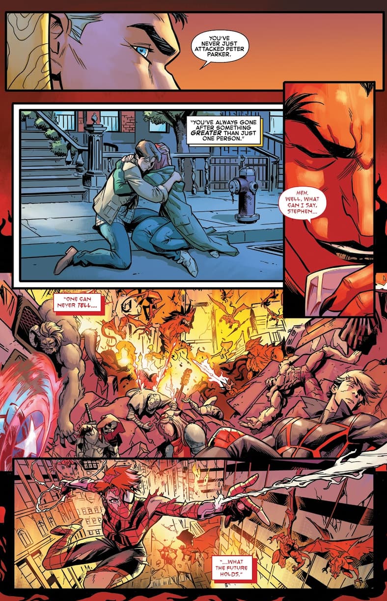 Mephisto admits that he fears the wall-crawler in Amazing Spider-Man Vol. 5 #74 "What Cost Victory?" (2021), Marvel Comics. Words by Nick Spencer and Christos N. Gage, art by Marcelo Ferreira, Mark Bagley, Ze Carlos, Dio Neves, Carlos Gomez, Ivan Fiorelli, Humberto Ramos, Andrew Crossley, Edgar Delgado, Alex Sinclair, and Joe Caramagna.