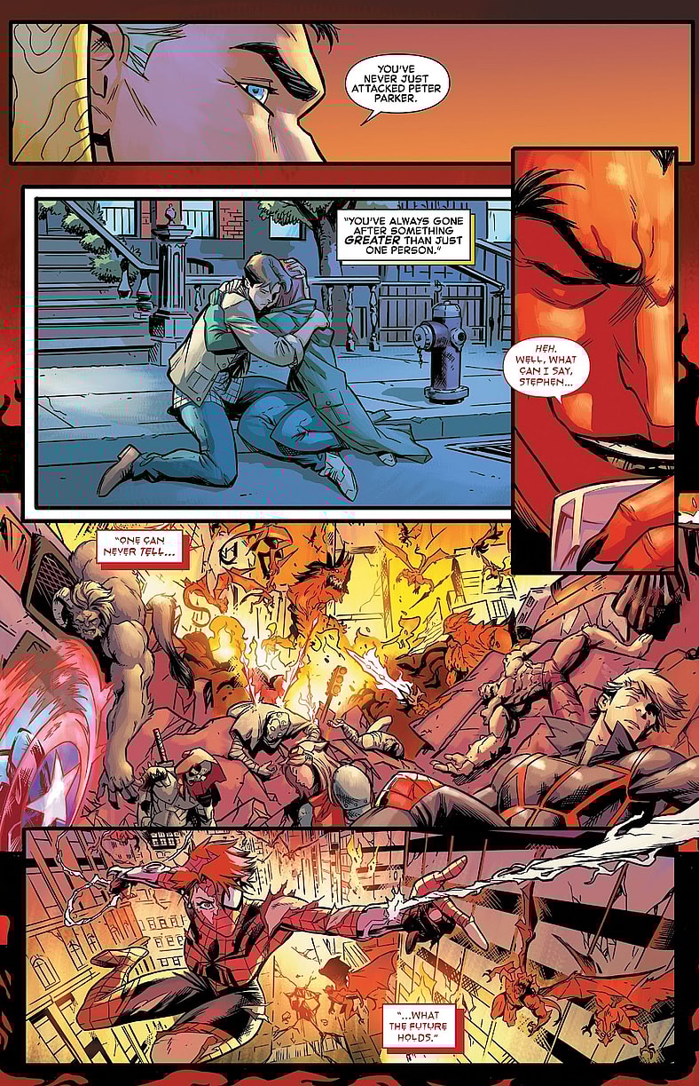 Mephisto admits that he fears the wall-crawler in Amazing Spider-Man Vol. 5 #74 "What Cost Victory?" (2021), Marvel Comics. Words by Nick Spencer and Christos N. Gage, art by Marcelo Ferreira, Mark Bagley, Ze Carlos, Dio Neves, Carlos Gomez, Ivan Fiorelli, Humberto Ramos, Andrew Crossley, Edgar Delgado, Alex Sinclair, and Joe Caramagna.