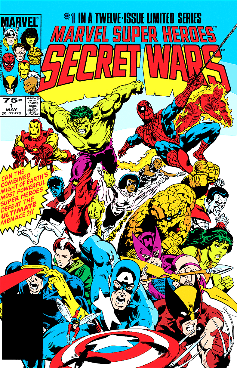 Captain America leads the charge on Michael Zeck and John Beatty's cover to Marvel Super Heroes Secret Wars Vol 1 #1 "The War Begins" (1984), Marvel Comics