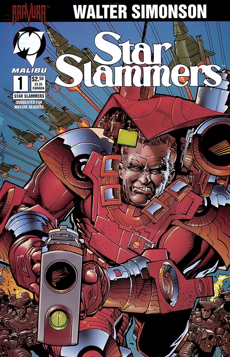 A member of the titular forces launches an assault on Walter Simonson's cover to Star Slammers Vol. 1 #1 "The Prisoner" (1994), Marvel Comics