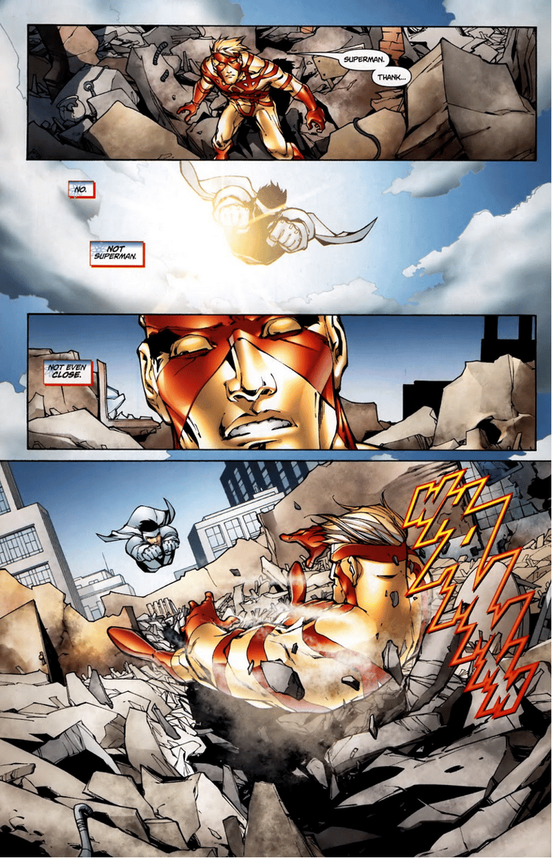 Captain Atom receives a WildStorm welcome from Mister Majestic in Captain Atom: Armageddon Vol. 1 #1 (2005), DC. Words by Wil Pfeifer, art by Giuseppe Camuncoli, Sandra Hope, Randy Mayor, and Rob Leigh.