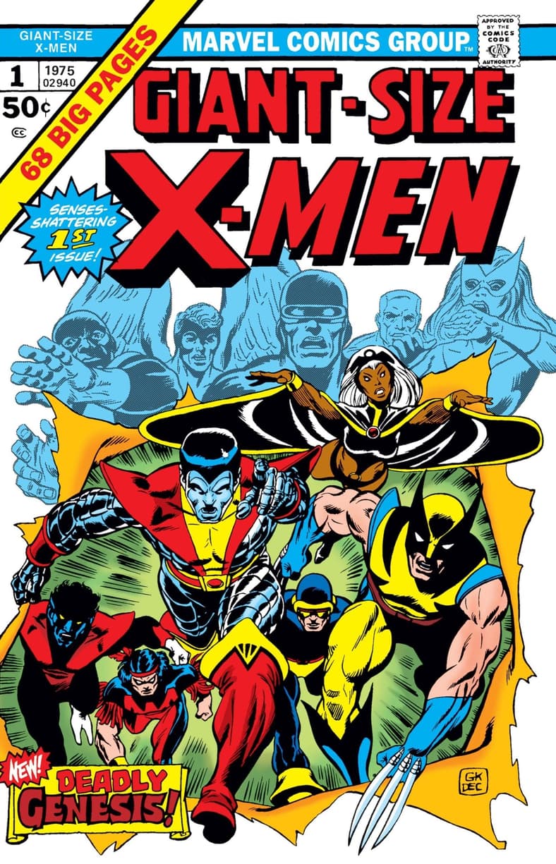 The newest X-Men team makes their debut on Gil Kane, Dave Cockrum, and Danny Crespi's cover to Giant-Size X-Men Vol. 1 #1 "Deadly Genesis!" (1975), Marvel Comics