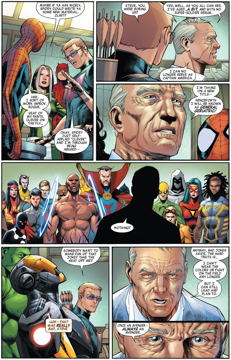 Steve Rogers takes a step back from field duty in Captain America: Steve Rogers Vol. 1 #1 (2016), Marvel Comics. Words by Nick Spencer, art by Jesús Saíz and Joe Caramagna.