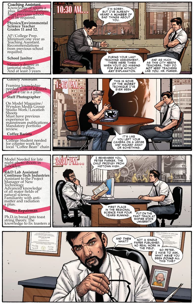 Peter Parker is on the job hunt in Amazing Spider-Man Vol. 1 #546 'Brand New Day' (2008), Marvel Comics. Words by Dan Slott, art by Steve McNiven, Dexter Vines, Morry Hollowell, and Cory Petit.