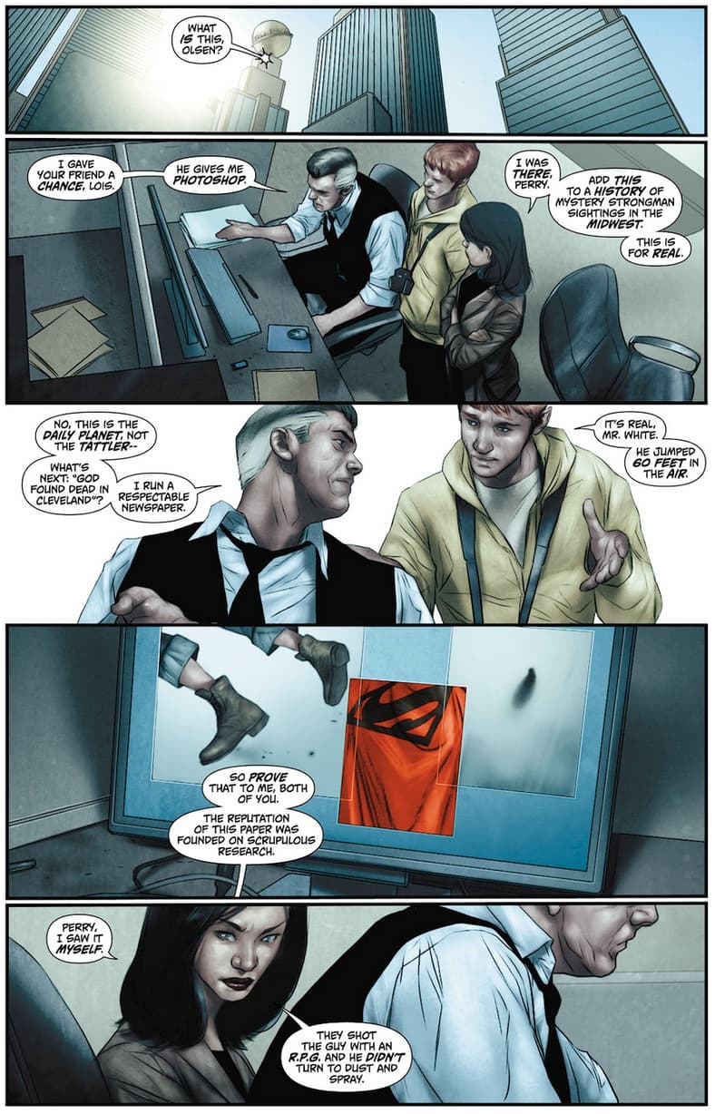Perry White finds it hard to believe Jimmy Olsen and Lois Lane's story about a 'Superman' in Action Comics Vol. 2 #0 "The Boy Who Stole Superman's Cape" (2011), DC. Words by Grant Morrison, art by Ben Oliver, Brain Reber, and Steve Wands.