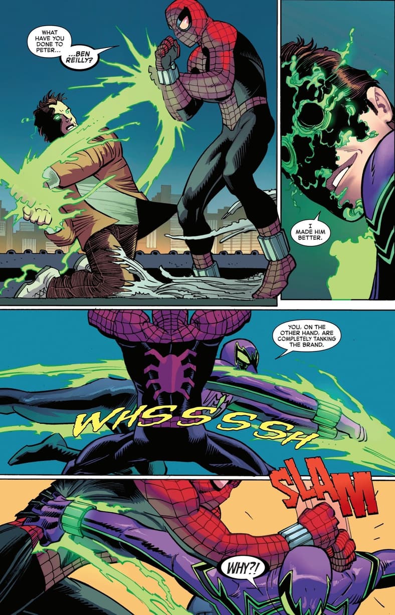 Norman Osborn and Ben Reilly come to blows over Peter Parker's identities in Amazing Spider-Man Vol. 7 #11 (2025), Marvel Comics. Words by Joe Kelly, art by John Romita Jr., Scott Hanna, Marcio Menyz, and Joe Caramagna.
