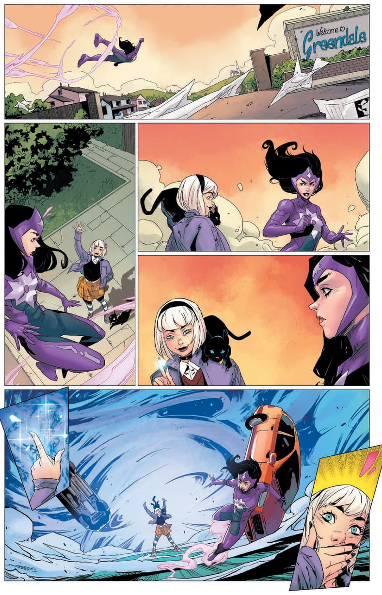 Star Sapphire makes a stop by Greendale in DC K.O.: Boss Battle Vol. 1 #1 (2026), DC. Words by Jeremy Adams, art by Ronan Cliquet, Carmine Di Gianddomenico, Kieran McKeown, and Pablo M. Collar, and Hi-Fi.