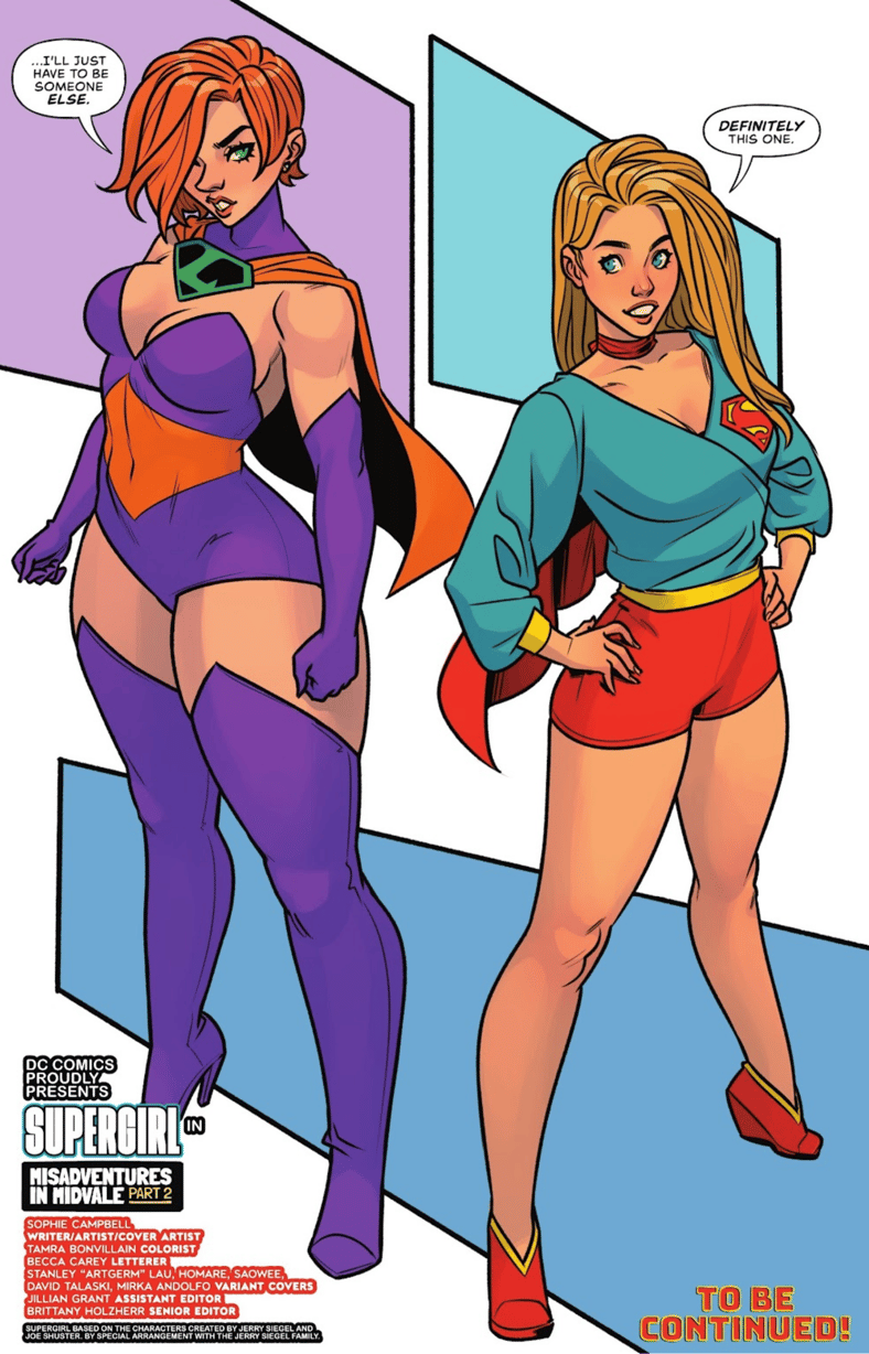 Lesa-Lar and Kara Zor-El suit up for a confrontation in Supergirl Vol. 8 #2 "Misadventures in Midvale, Part 2" (2025), DC. Words by Sophie Campbell, art by Sophie Campbell, Tamra Bonvillain, and Becca Carey.