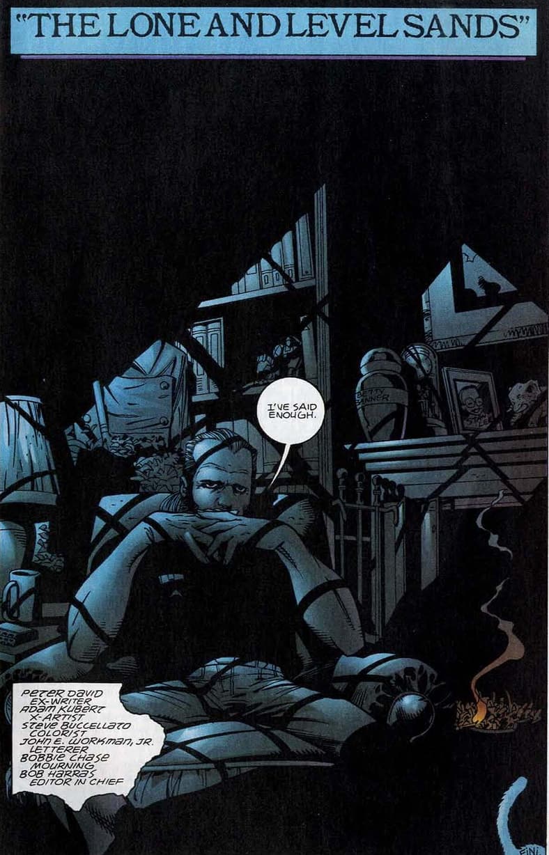 Rick Jones closes out Peter David's legendary run on the Jade Giant in Incredible Hulk Vol. 1 #467 "The Lone and Level Sands" (1998), Marvel Comics. Words by Peter David, art by Adam Kubert,.Steve Buccellato, and John Workman.