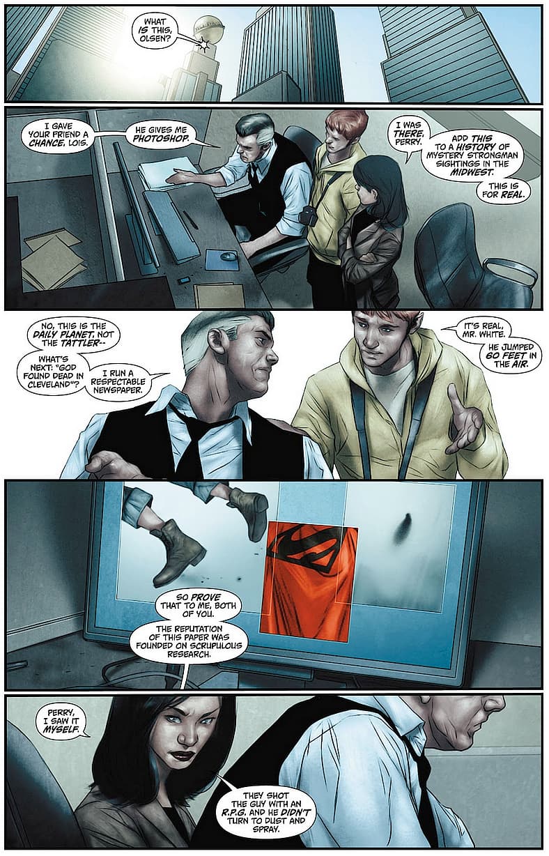 Perry White finds it hard to believe Jimmy Olsen and Lois Lane's story in Action Comics Vol. 2 #0