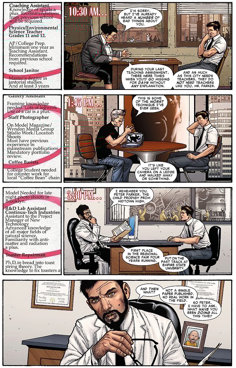 Peter Parker is on the job hunt in Amazing Spider-Man Vol. 1 #546 'Brand New Day' (2008), Marvel Comics. Words by Dan Slott, art by Steve McNiven, Dexter Vines, Morry Hollowell, and Cory Petit.